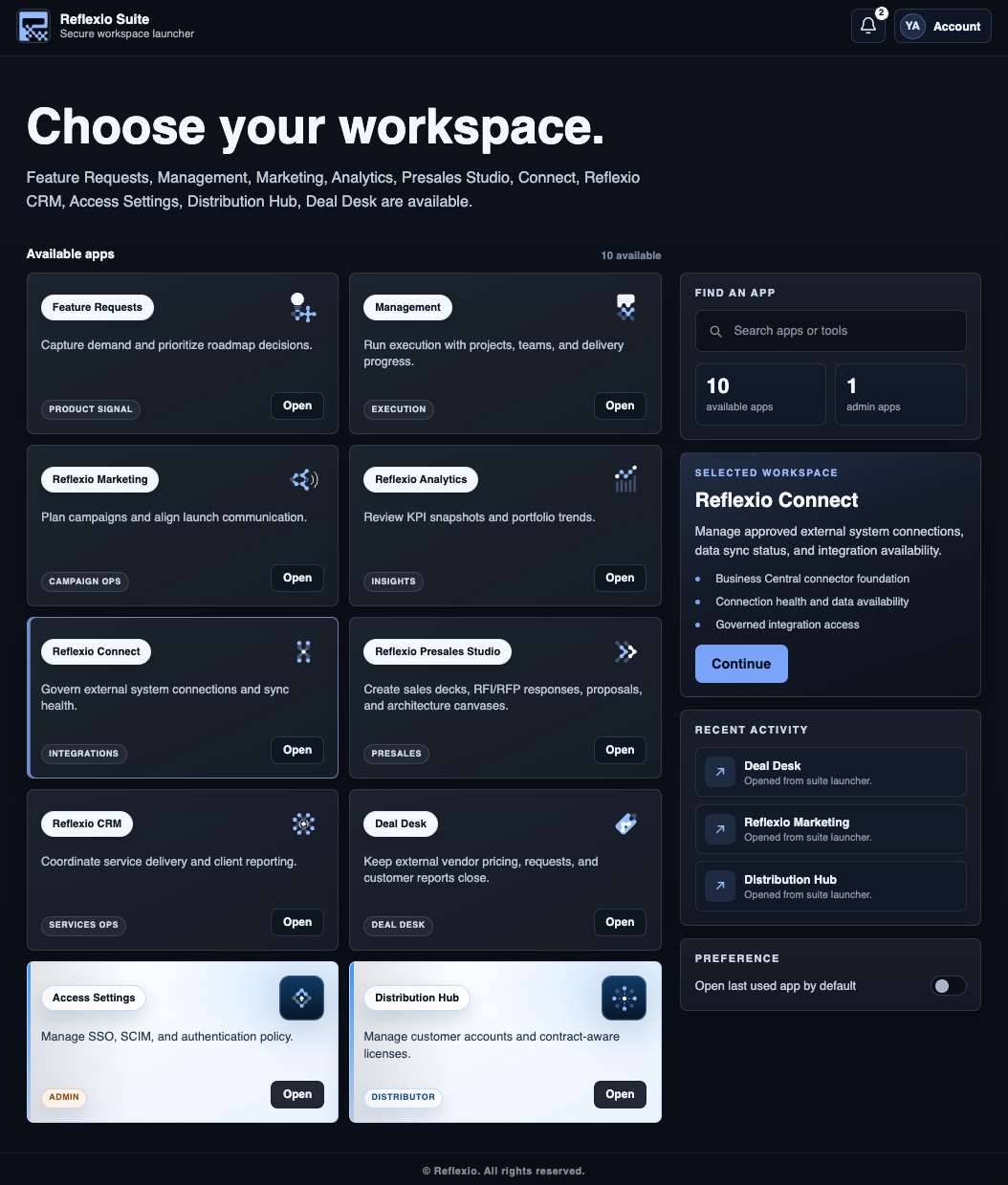 Reflexio Suite workspace selector showing available apps and the selected Reflexio Connect workspace.