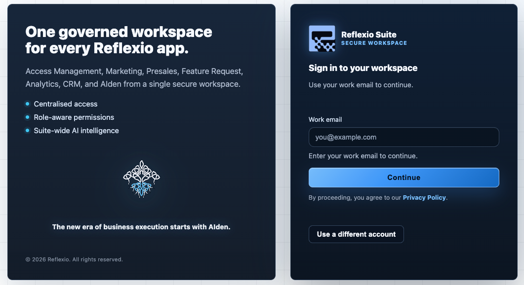 Reflexio Suite sign-in page where users enter their work email before Reflexio routes the login method.